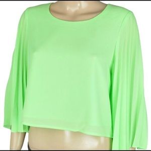 XS Line and Dot Lime Green cropped top with flutter sleeves